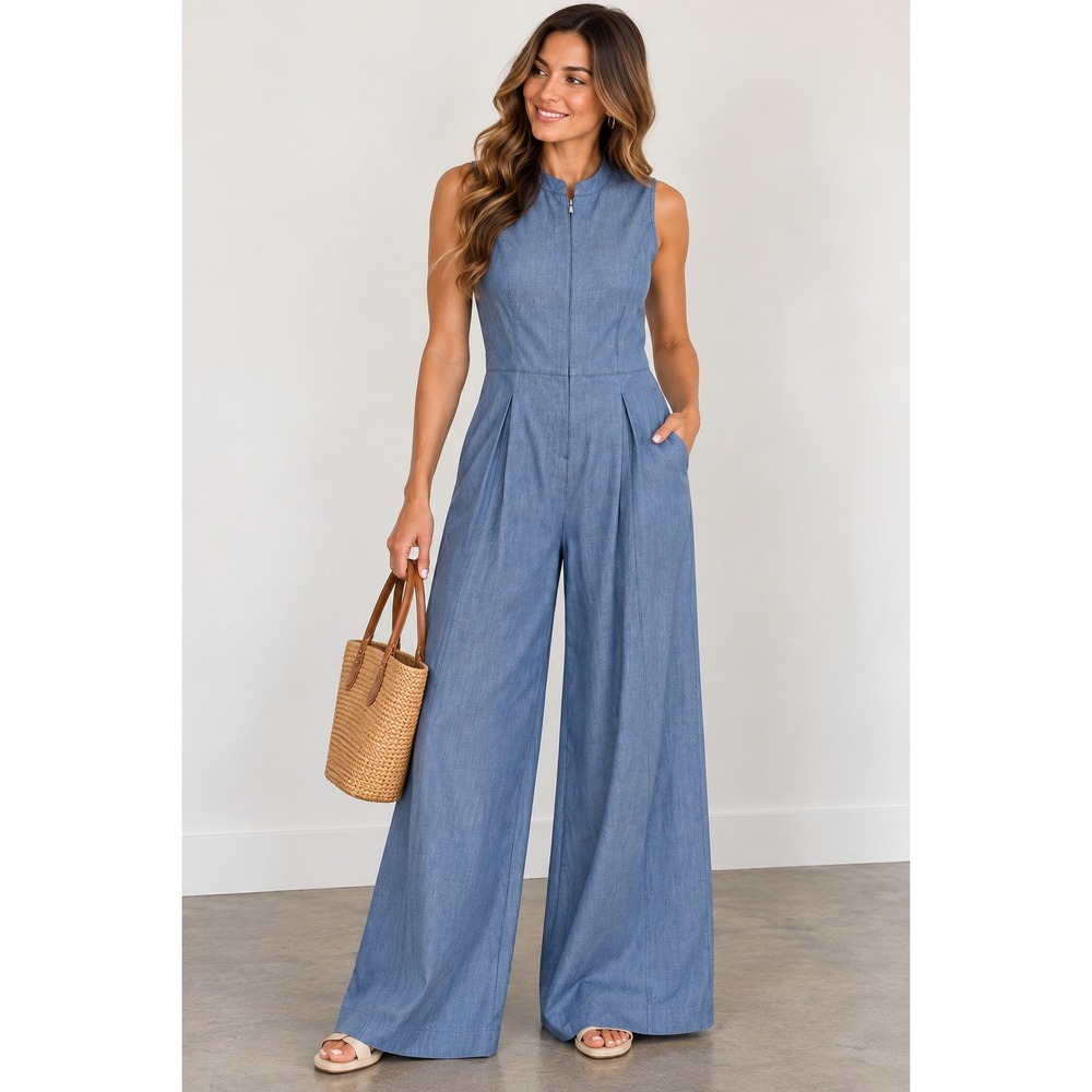 OYSHO Large Blue Chambray Wide Leg Jumpsuit Sleeveless Pleated Utility